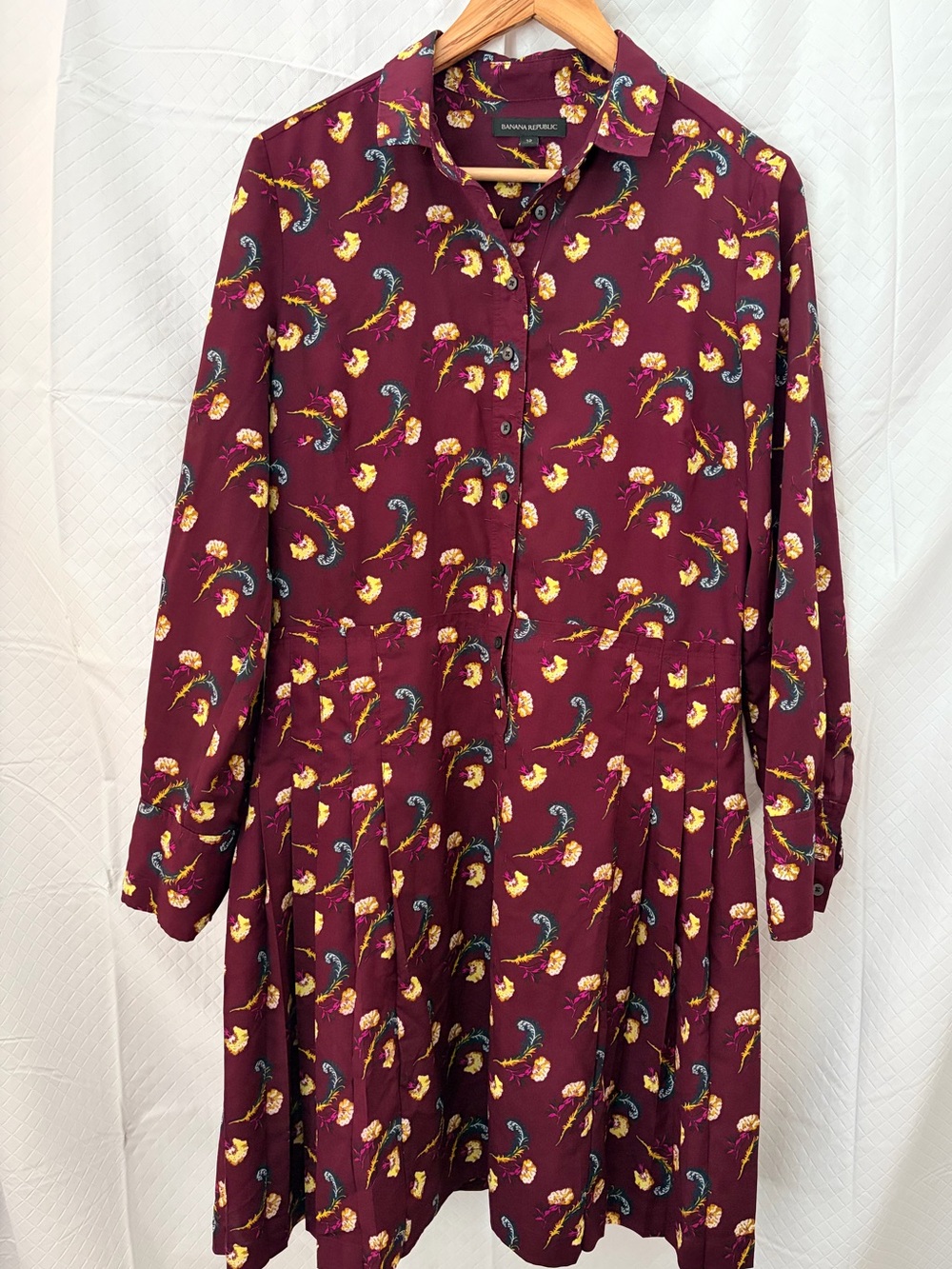 Banana Republic Maroon Floral Long-Sleeve Shirt Dress